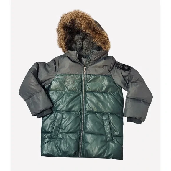 United Colors of Benetton Boys 7-8 Down Puffer Jacket Faux Fur Hood Green Grey - Picture 3 of 9